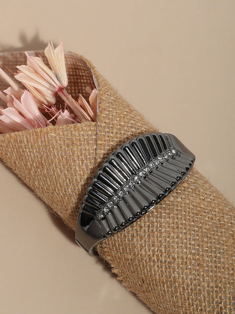 Silver-Plated Stones Studded Leaflet Cuff Bracelet