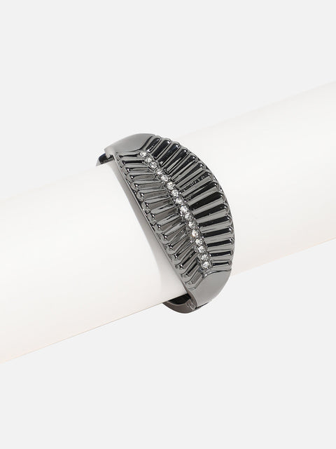Silver-Plated Stones Studded Leaflet Cuff Bracelet