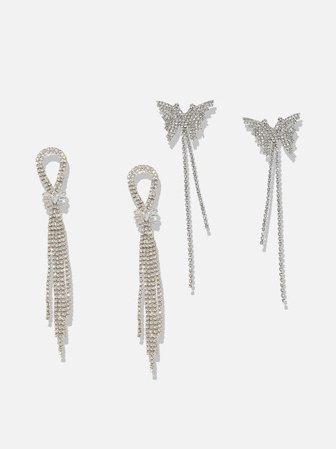 Set Of 2 Silver-Plated Contemporary Stone Studded Drop Earrings