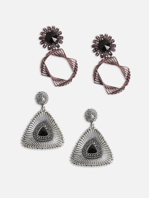 Set Of 2 Silver-Plated Contemporary Drop Earrings