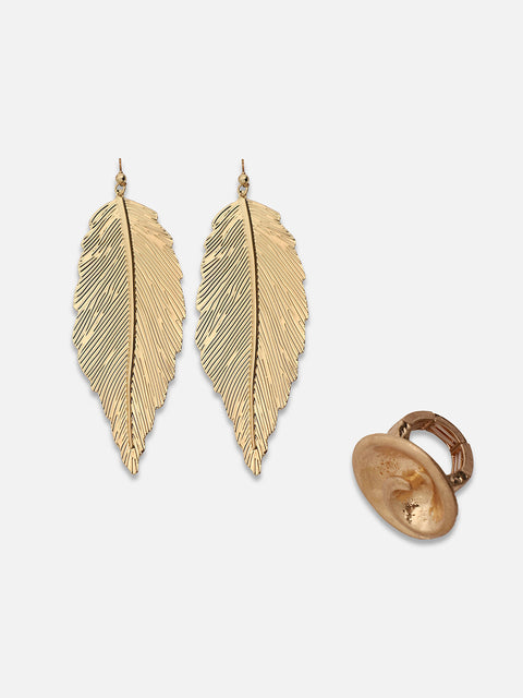 Set Of 2 Gold-Plated Contemporary Stud Earrings with Finger Ring