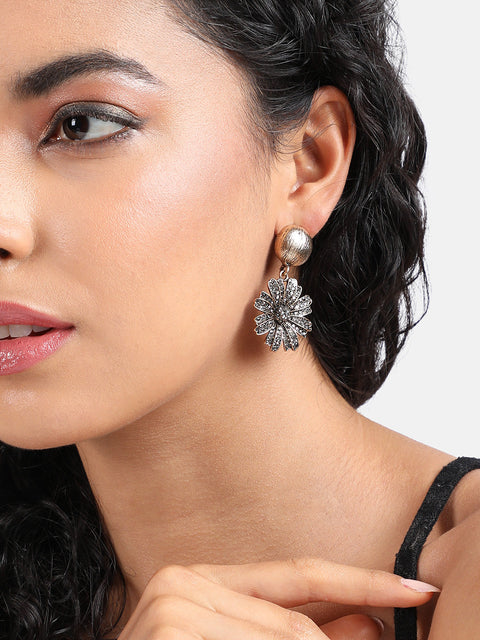 Gold-PLated Stone-Studded Floral Shaped Drop Earrings