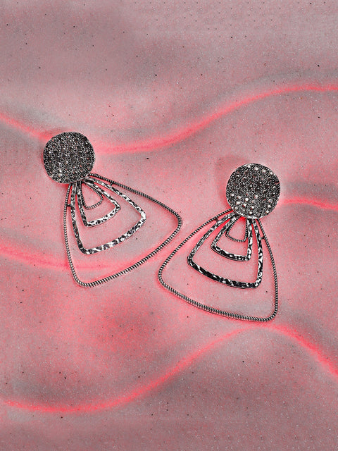 Silver-Plated Stone-Studded Triangle Drop Earrings