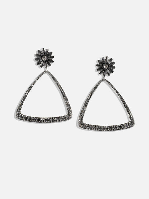 Silver-Plated Stone-Studded Triangle Drop Earrings