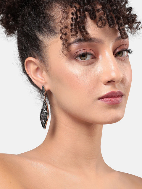 Gold-Plated Stones Studded Leaf Shaped Drop Earrings