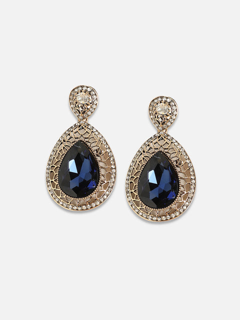 Gold-Plated Artificial Stones Studded Teardrop Shaped Earrings