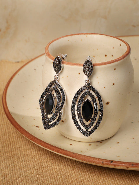 Silver-Plated Stone Studded Contemporary Drop Earrings