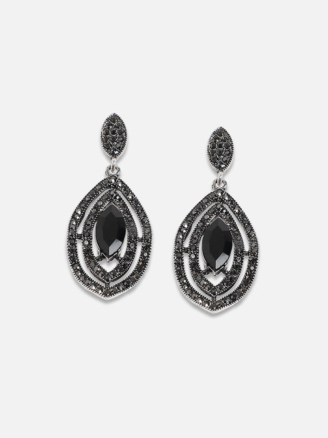 Silver-Plated Stone Studded Contemporary Drop Earrings