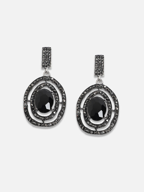 Silver-Plated Stones Studded Lined Oval Drop Earrings
