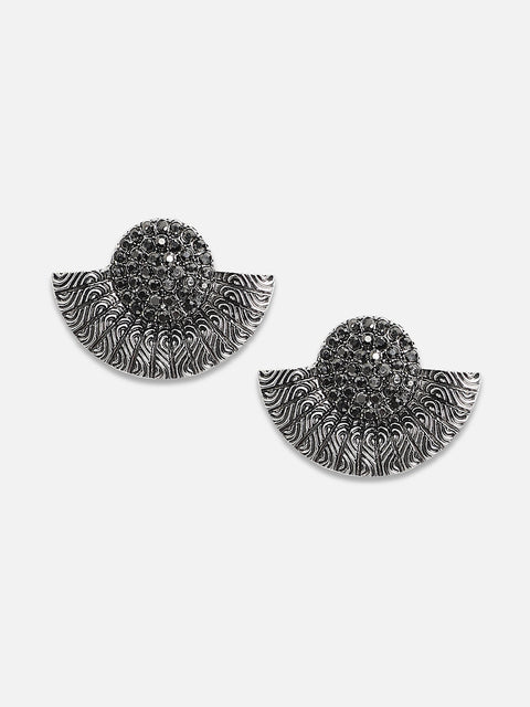 Silver-Plated Stones Studded Crescent Shaped Oxidised Studs Earrings