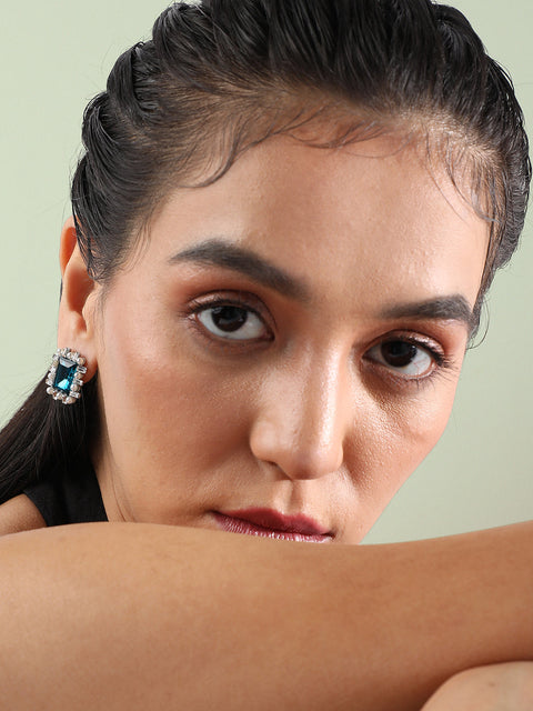 Silver-Plated Artificial Stones Beads-Studded Studs Earrings
