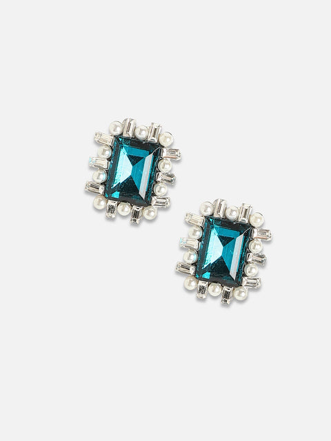 Silver-Plated Artificial Stones Beads-Studded Studs Earrings
