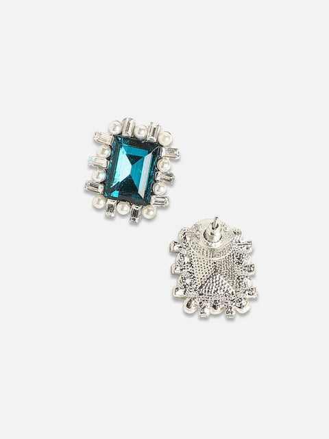 Silver-Plated Artificial Stones Beads-Studded Studs Earrings