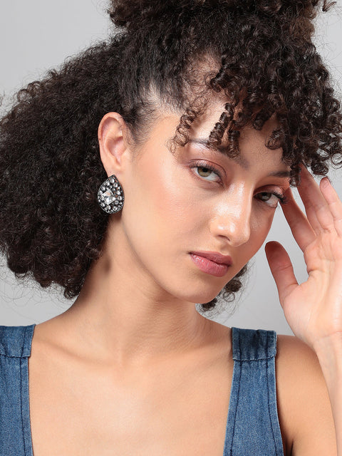 Silver-Plated Artificial Stones-Studded Studs Earrings