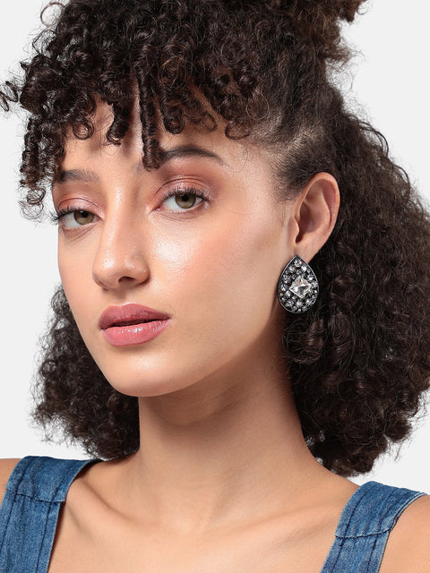 Silver-Plated Artificial Stones-Studded Studs Earrings