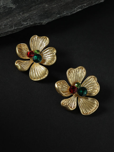 Gold-Plated Stone Studded Floral Drop Earrings