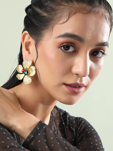 Gold-Plated Stone Studded Floral Drop Earrings