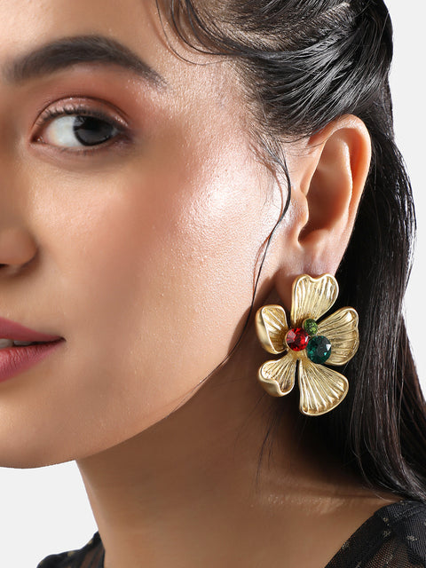 Gold-Plated Stone Studded Floral Drop Earrings