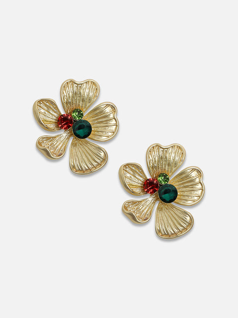 Gold-Plated Stone Studded Floral Drop Earrings
