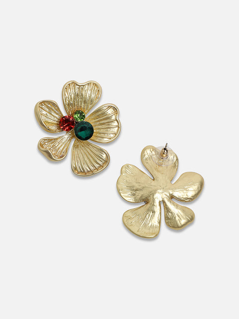 Gold-Plated Stone Studded Floral Drop Earrings