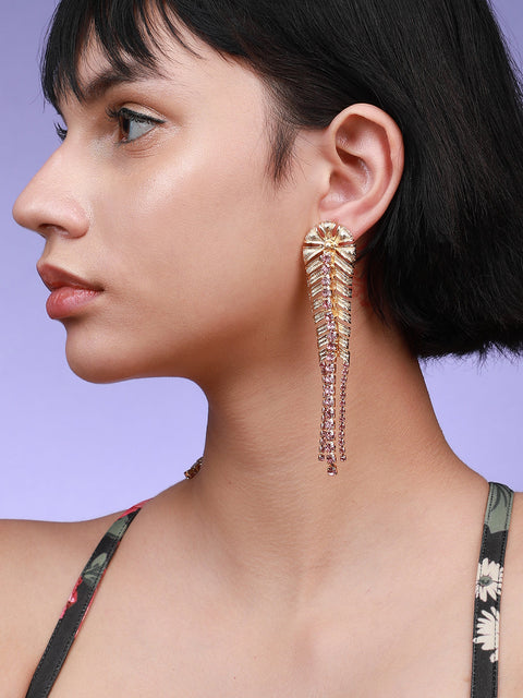Gold-Plated Artificial Stones Leaf Shaped Drop Earrings