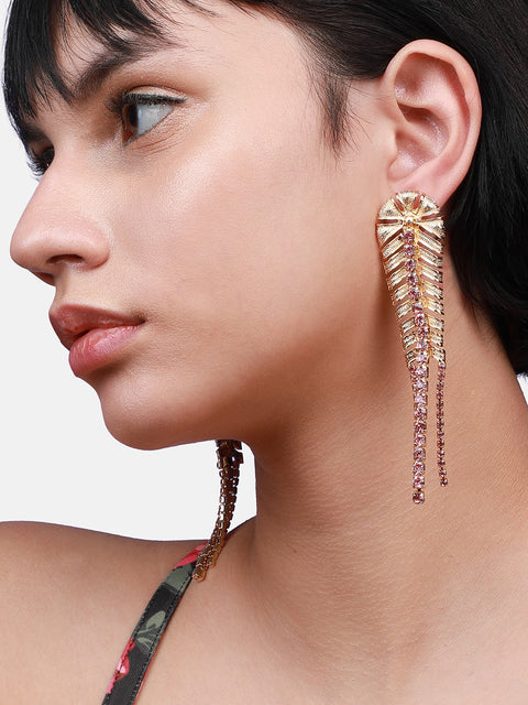 Gold-Plated Artificial Stones Leaf Shaped Drop Earrings