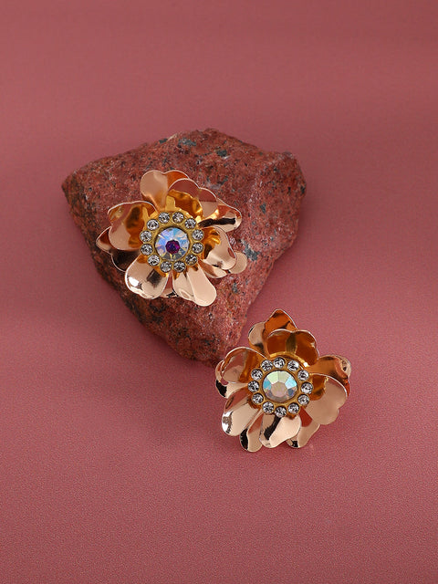 Gold-Plated Crystal-Studded Flower Stud Earrings