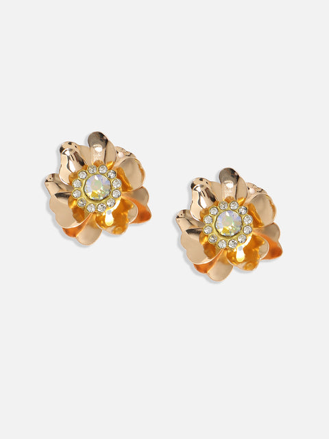 Gold-Plated Crystal-Studded Flower Stud Earrings