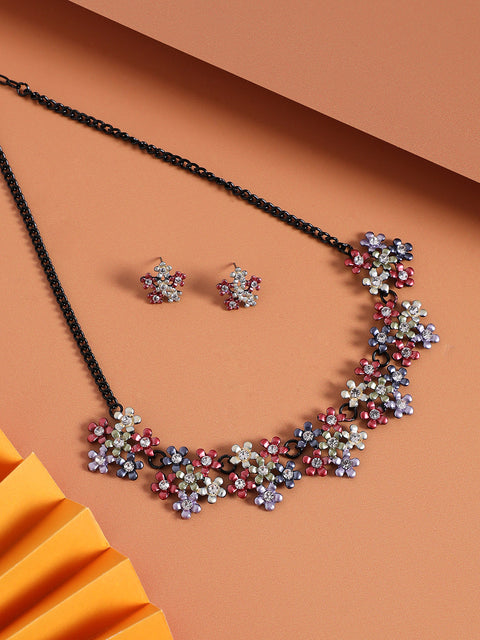 Silver-Plated Stone studded floral Jewellery Set
