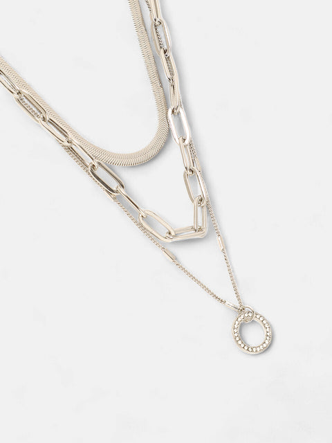 The Halo Snakechain Multi-Layer Necklace - Metallic Silver-SOHINC6055