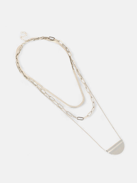 The Curve Chainlink Multi-Layer Necklace - Metallic Silver-SOHINC6067
