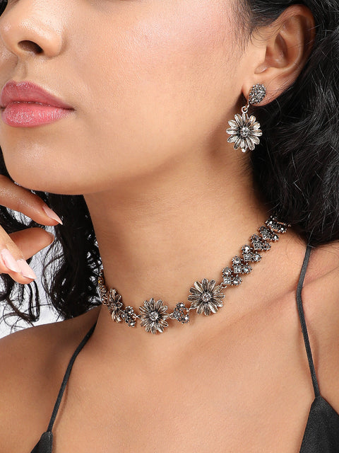 Gold-Plated Crystal-Stones Studded Daisy Statement Jewellery Set