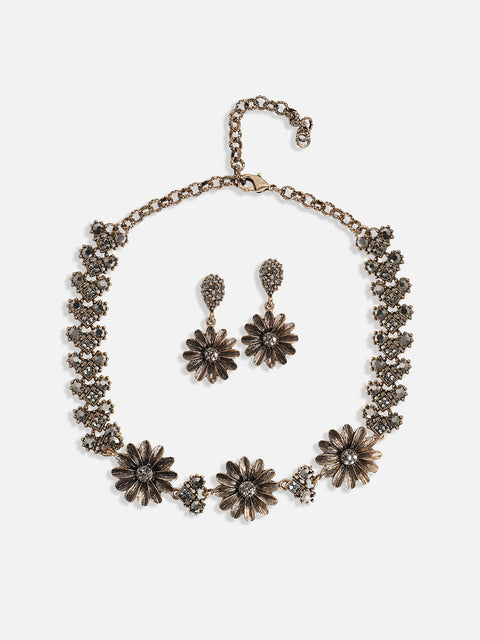 Gold-Plated Crystal-Stones Studded Daisy Statement Jewellery Set