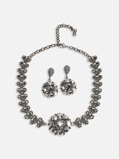 Silver-Plated Artificial Stones Studded Choker Jewellery Set
