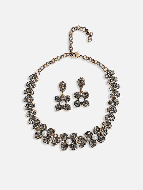 Gold-Plated Crystal-Stones Studded Flower Statement Jewellery Set
