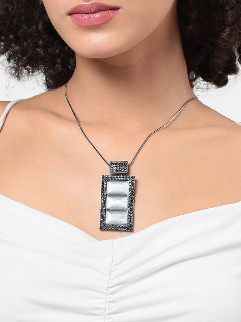 Silver-Plated Stones Studded Geometric Vista Pendant With Chain