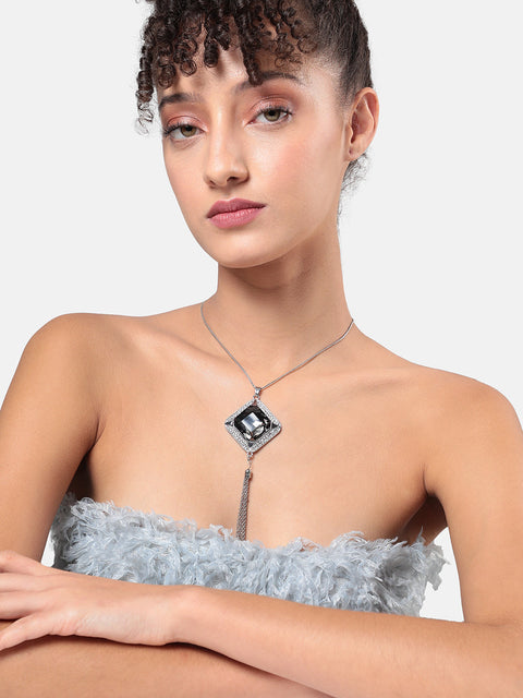 Silver-Plated Stone Studded Pendant Necklace With Tasseled Detail