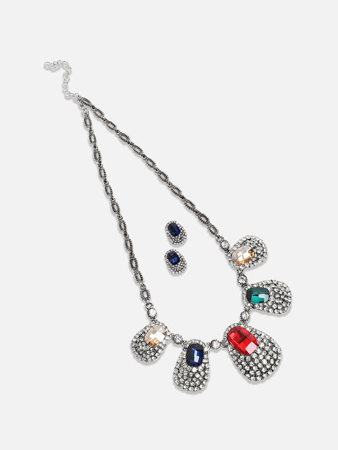 Silver-Plated Crystal-Stones Studded Jewellery Set