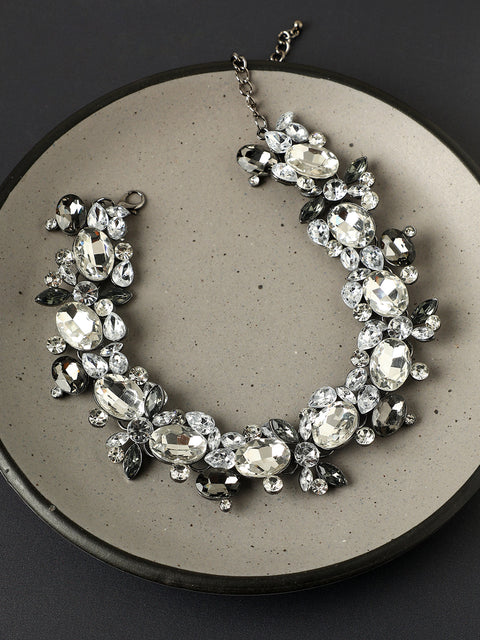 Silver-Plated Artificial Stones Studded Antique Necklace