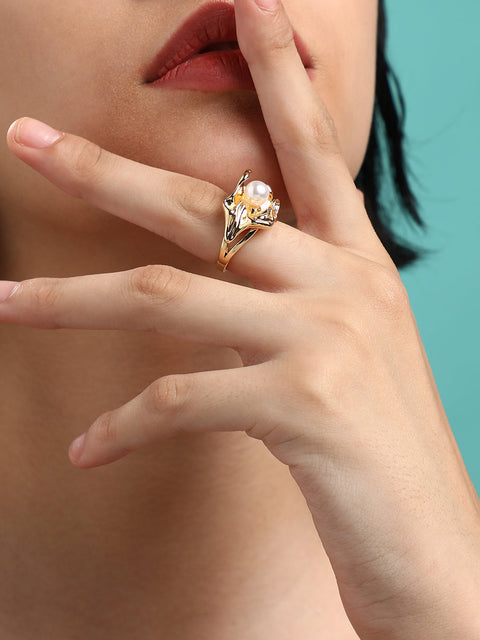 Set Of 5 Gold-Plated Artificial-Studded Adjustable Finger Ring