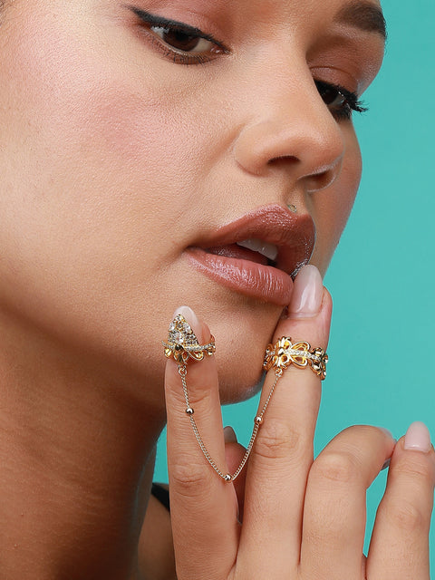 Set Of 5 Gold-Plated Artificial-Studded Adjustable Finger Ring