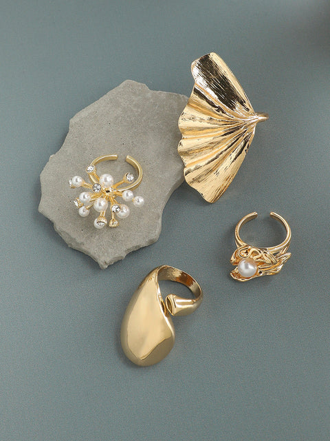 Set Of 4 Gold-Plated Artificial Beads Studded Rings