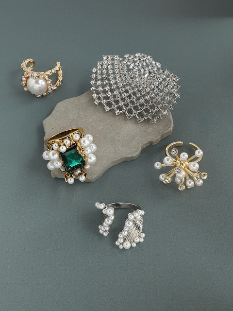 Set Of 5 Gold-Plated Stone-Studded Artificial-beaded Finger Ring