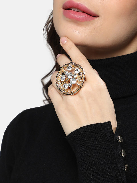 Gold-Plated Crystal Studded Statement Finger Ring