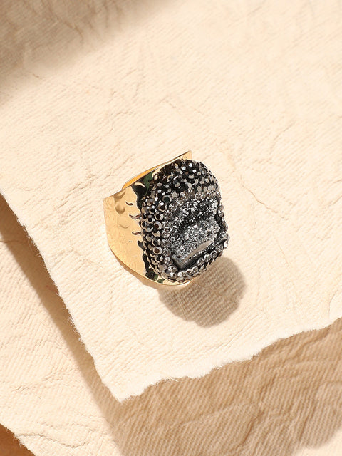 Gold-Plated Stone-Studded Crest Statement Finger Ring