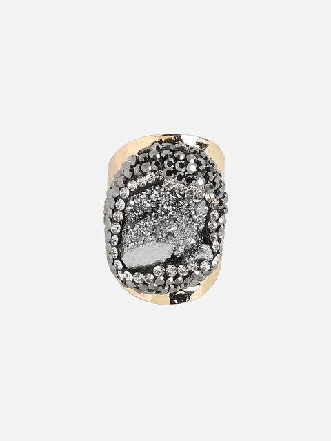 Gold-Plated Stone-Studded Crest Statement Finger Ring
