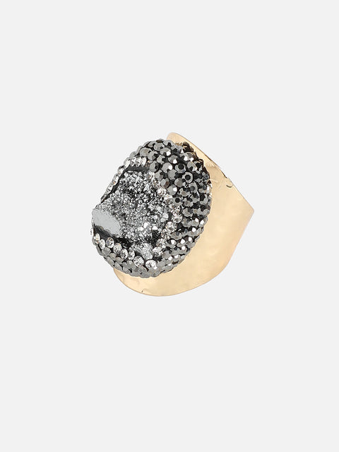Gold-Plated Stone-Studded Crest Statement Finger Ring
