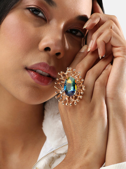 Gold-Plated Stone-Studded Tentacles Statement Finger Ring