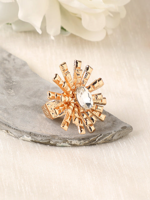 Gold-Plated Crystals-Studded Bud Flower Statement Finger Ring