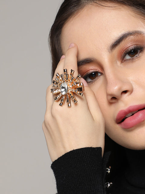 Gold-Plated Crystals-Studded Bud Flower Statement Finger Ring